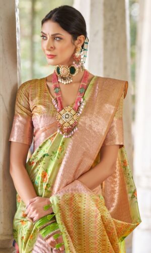 Lime green and peach silk saree with floral digital print and peach zari border from Kiran Sarees