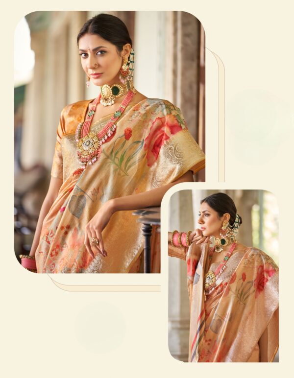Golden Beige with Floral Print Saree - Image 3