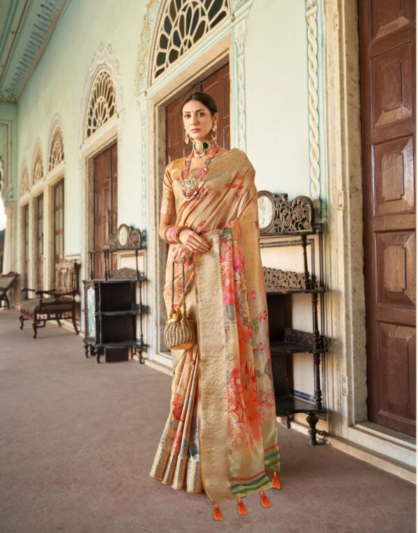 Golden Beige with Floral Print Saree - Image 2