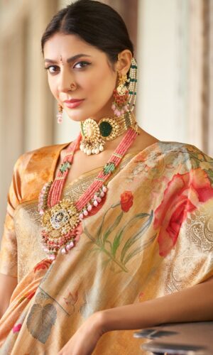Golden Beige with Floral Print Saree