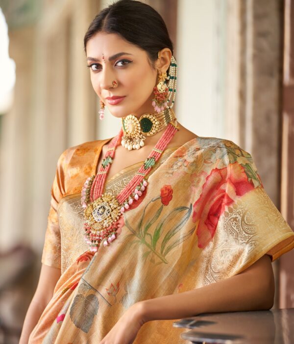 Golden Beige with Floral Print Saree