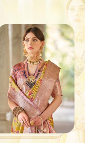 mustard yellow floral embroidered silk saree- Kiran Sarees