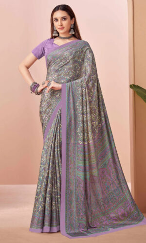 Lavender and Cream Paisley Printed Crape Silk Saree with Solid Blue Border –Kiran Sarees