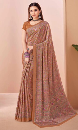 Rust floral crape silk saree with pink print – Kiran Sarees