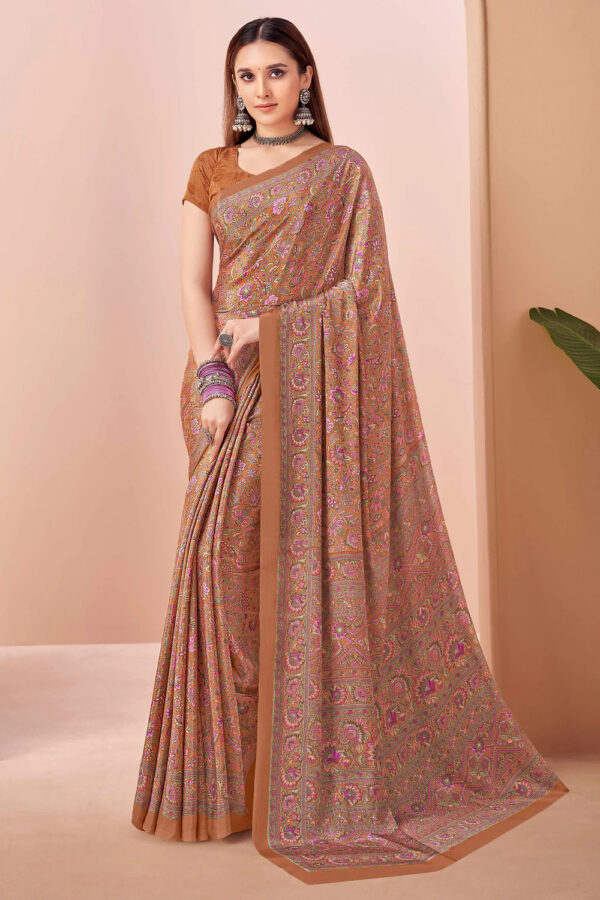 Rust floral crape silk saree with pink print – Kiran Sarees