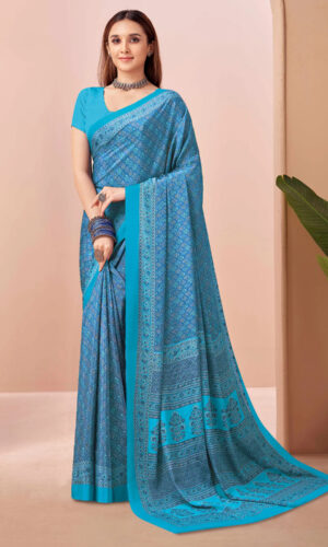 Elegant blue crape silk saree with intricate patterns and matching blouse – Kiran Sarees party wear collection