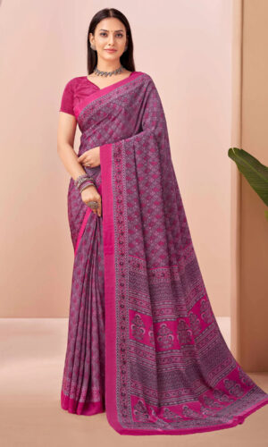 Model wearing purple-pink crape silk saree with ethnic motifs and border – Kiran Sarees