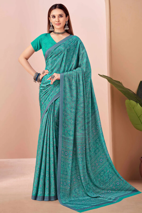 Model in teal crepe silk saree with digital paisley floral print – Kiran Sarees