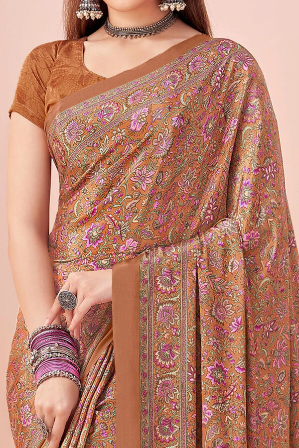 Rust floral crape silk saree with pink and green print – Kiran Sarees