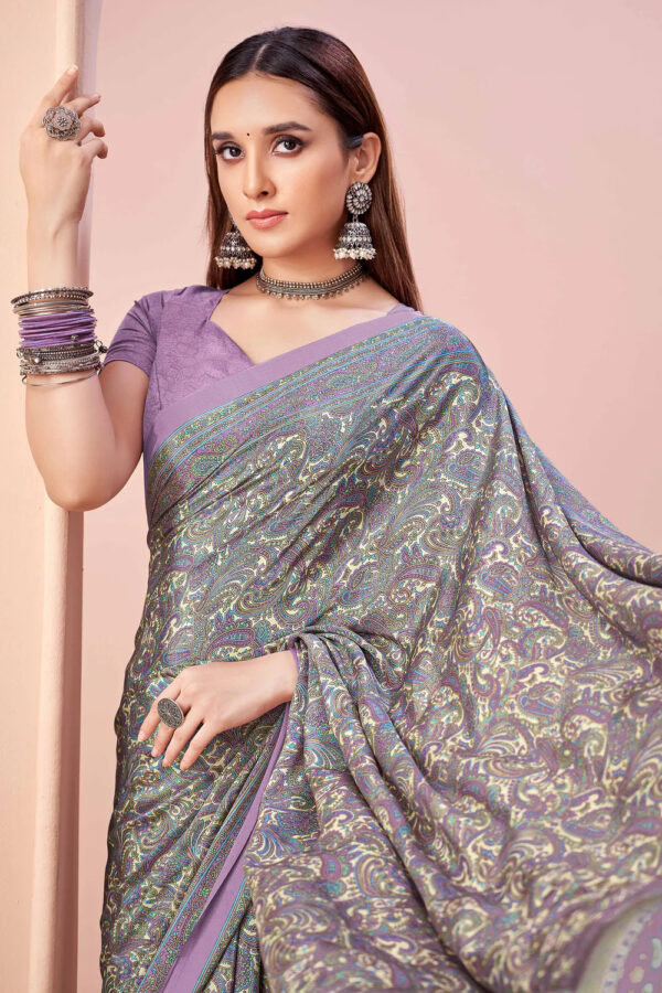 Lavender and Cream Paisley Printed Crape Silk Saree with Solid Blue Border –Kiran Sarees