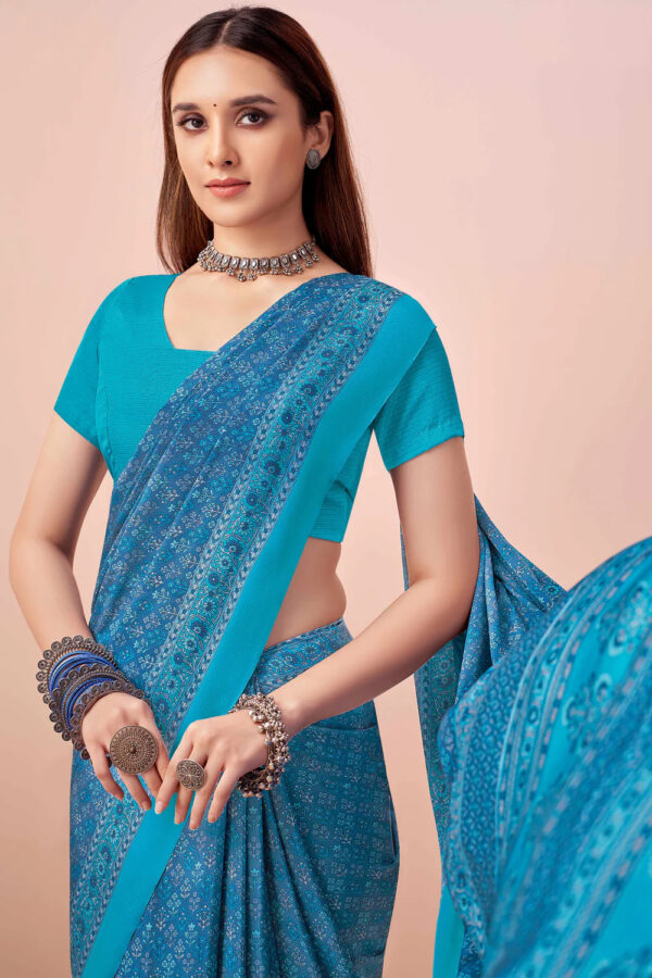 Blue Crepe Silk Saree Adorned With Artistic Floral Digital Print Work- Kiran Saree