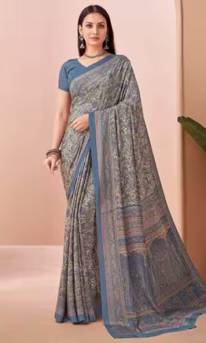 Elegant crape silk saree in blue and cream with floral and geometric motifs – Kiran Sarees