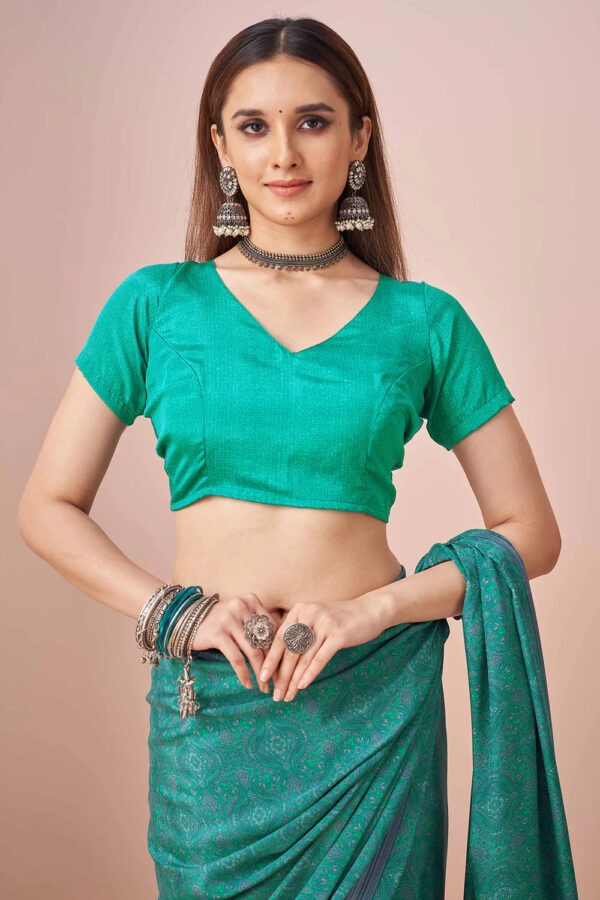 Matching blouse design with teal crape silk saree