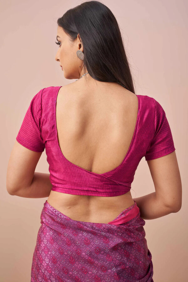 Matching blouse design with rich pink crape saree