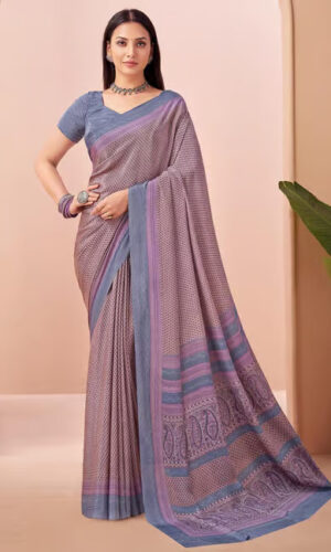 Mauve and Blue Geometric Crape Silk Saree with Modern Print – SilkenFlow by Kiran Sarees