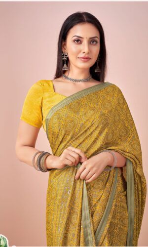SilkenFlow Mustard Printed Crape Saree for Women with Blouse – Kiran Sarees