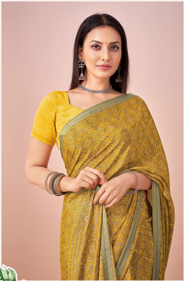 SilkenFlow Mustard Printed Crape Saree for Women with Blouse – Kiran Sarees