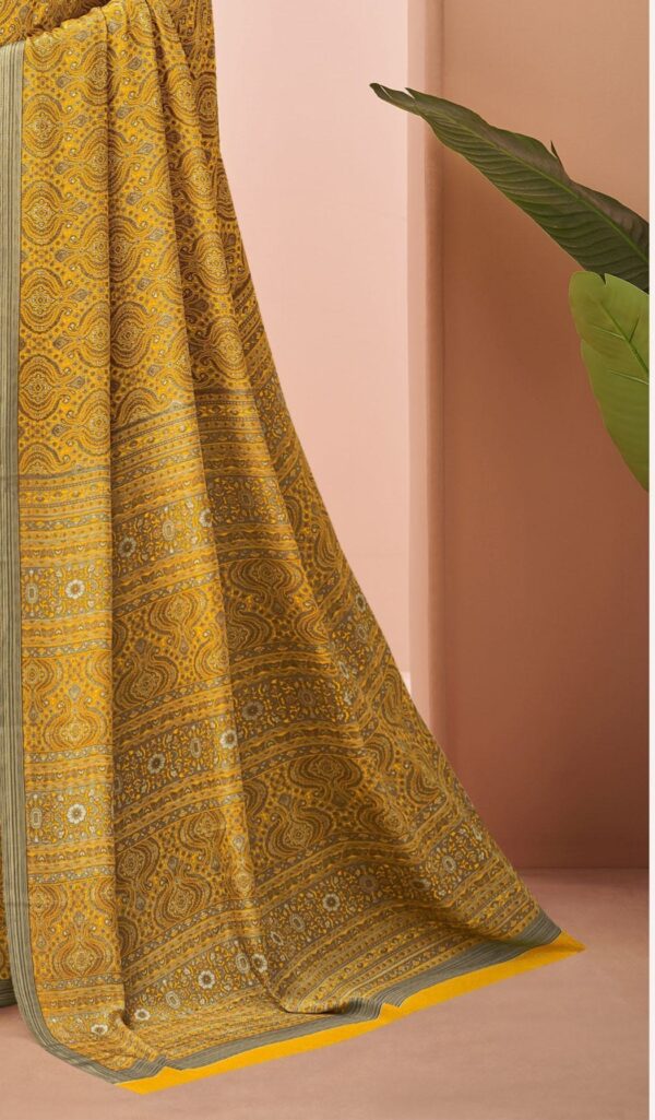 SilkenFlow Mustard Printed Crape Saree for Women with Blouse – Kiran Sarees