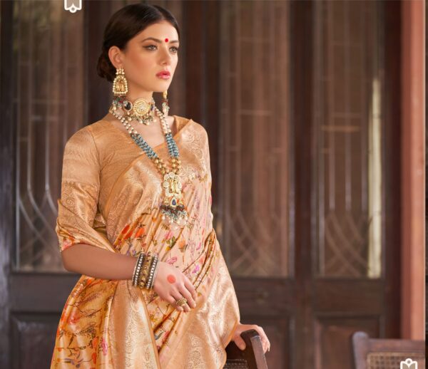 Golden Beige Silk Saree with Floral Zari Work and Rich Border – Premium Silk Sarees by Kiran Sarees