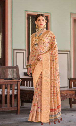 Golden Beige Silk Saree with Floral Zari Work and Rich Border – Premium Silk Sarees by Kiran Sarees