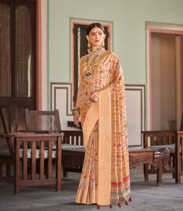 Golden Beige Silk Saree with Floral Zari Work and Rich Border – Premium Silk Sarees by Kiran Sarees