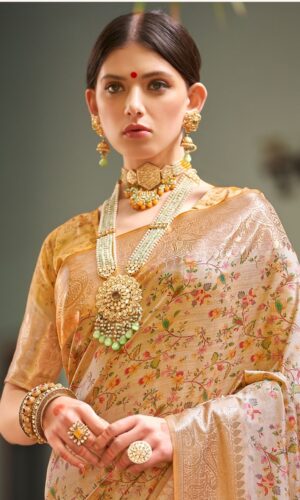 Premium Gold Floral Silk Saree with Zari Border – Kiran Sarees