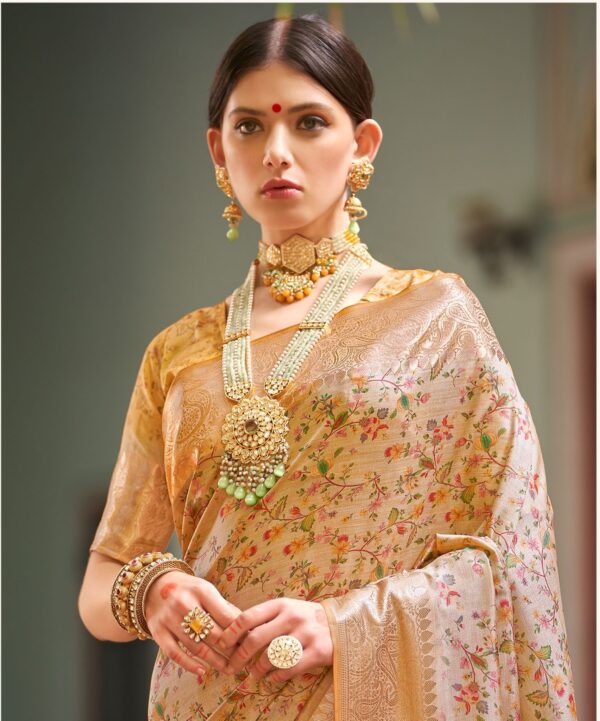 Premium Gold Floral Silk Saree with Zari Border – Kiran Sarees