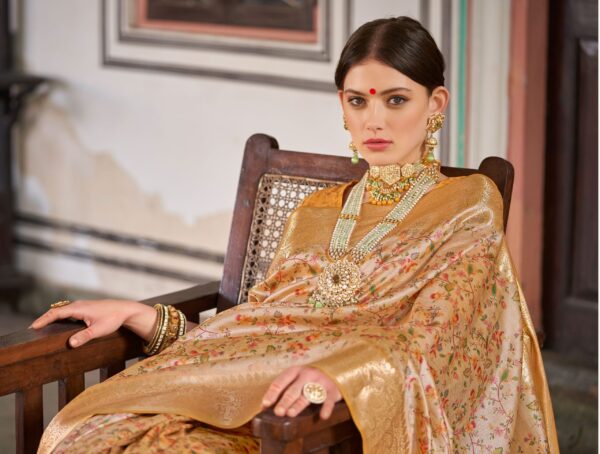 Floral zari mustard silk saree with golden pallu, pooja saree – Kiran Sarees