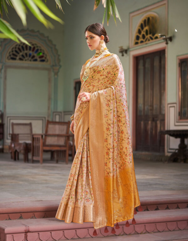 Floral zari mustard silk saree with golden pallu, pooja saree – Kiran Sarees