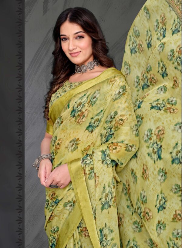 Lemon Yellow Crepe Georgette Saree with Green Floral Print – Kiran Sarees