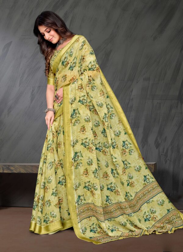 Lemon Yellow Crepe Georgette Saree with Green Floral Print – Kiran Sarees