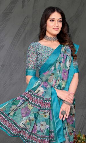 A model wearing a sky blue crepe georgette saree with a multi-colored floral print.