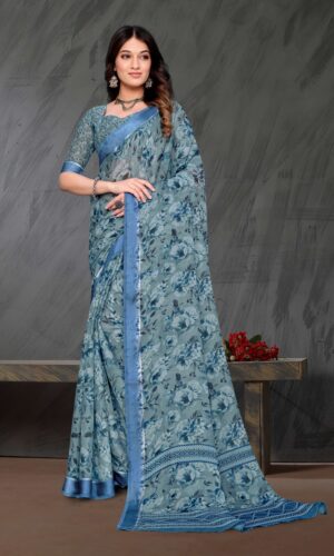 Blue Blossom Crepe Georgette Saree with Silk Border – Elegant Floral Saree by Kiran Sarees