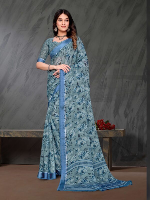 Blue Blossom Crepe Georgette Saree with Silk Border – Elegant Floral Saree by Kiran Sarees