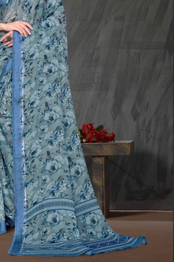 Close-up Image: Blue Blossom Crepe Georgette Saree with Silk Border – Elegant Floral Saree by Kiran Sarees