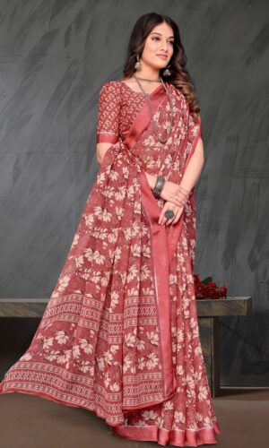Rust Blossom Crepe Georgette Saree with Silk Border – Floral Print Saree by Kiran Sarees