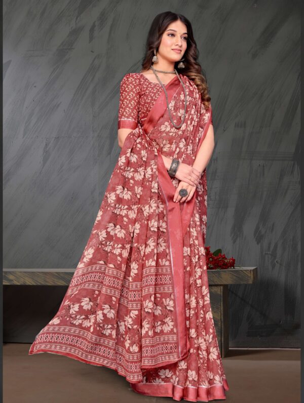 Rust Blossom Crepe Georgette Saree with Silk Border – Floral Print Saree by Kiran Sarees