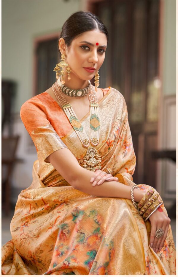 Golden Art Silk Saree with Floral Print and Zari Border – Wedding Silk Saree for Women by Kiran Sarees