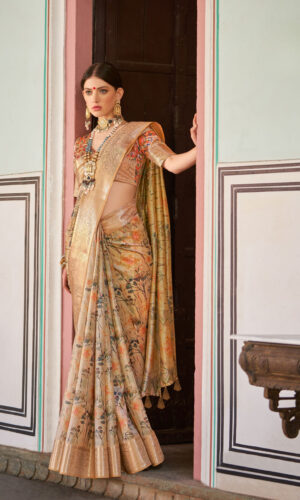 Golden Floral Art Silk Saree with Zari Border and Printed Blouse – Kiran Sarees