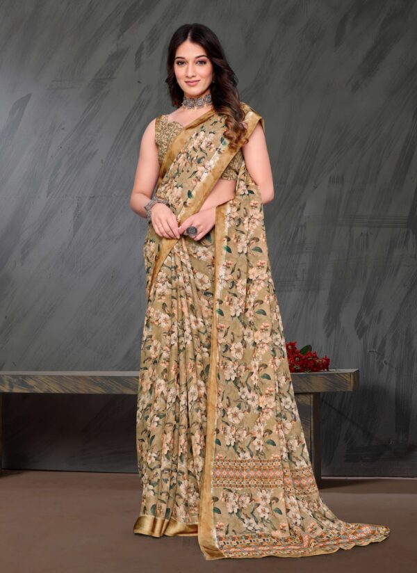 Model wearing Golden Bloom Crepe Georgette Saree full view