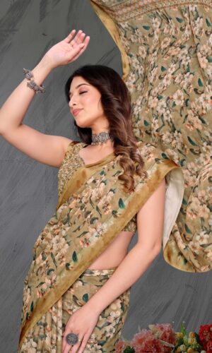 Golden Bloom Crepe Georgette Saree with floral print border – Kiran Sarees