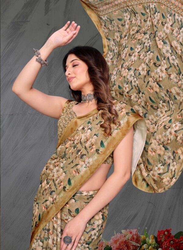 Golden Bloom Crepe Georgette Saree with floral print border – Kiran Sarees