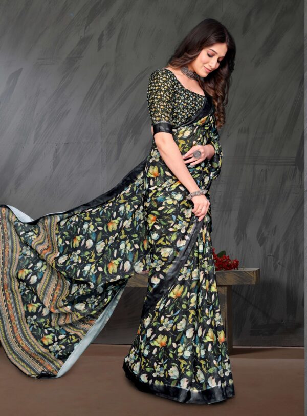 Midnight Blossom Crepe Georgette Saree – Black with Floral Print – Kiran Sarees