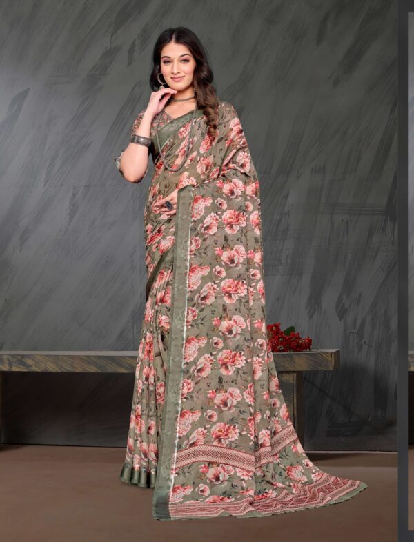 “Rosewood Charm crepe georgette saree with red floral print – Kiran Sarees”