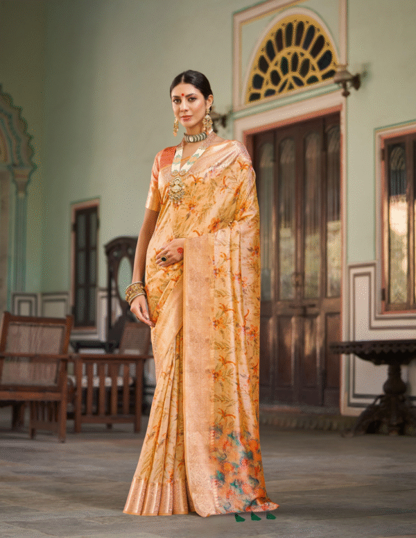 Golden Art Silk Saree with Floral Print and Zari Border – Wedding Silk Saree for Women by Kiran Sarees